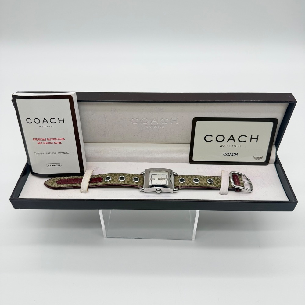 Coach Swiss Made Stainless Steel Square Watch 0221 Monogram Grommet Strap Box